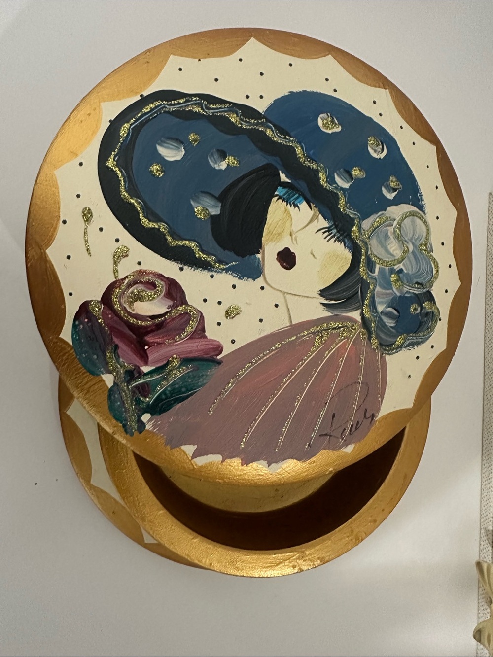 Hand-Painted Decorative Round Box with Lady in Blue Hat